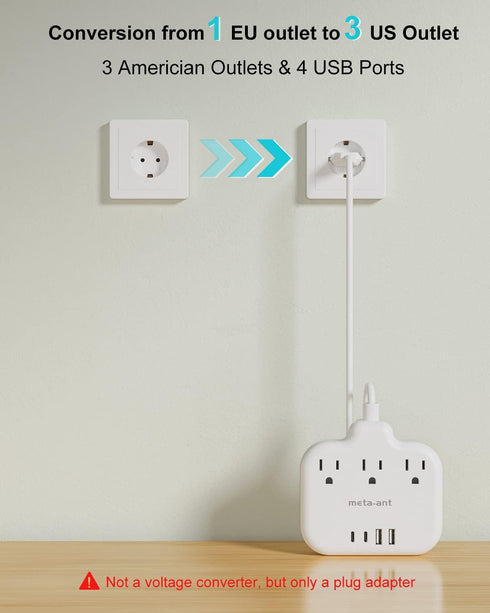 European Travel Plug Adapter, US to European with 3 American Outlets & 4 USB, 5ft Power Cord for Travel