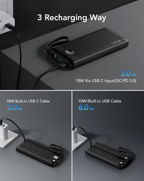 VRURC Portable Charger Power Bank, 10000mAh, 22.5W Fast Charging, Built-in USB-C Cable for iPhone 15, Black