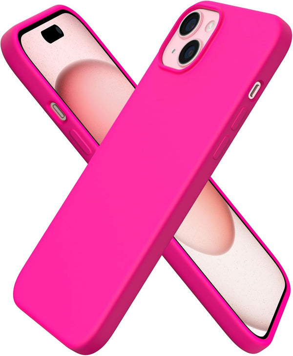 ORNARTO iPhone 15 Plus Case 6.7" - Slim Hot Pink Liquid Silicone, 3 Layers, Soft Gel Rubber, Anti-Scratch Microfiber