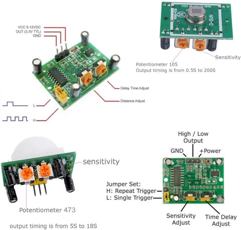 5pcs HC-SR501 PIR Infrared Motion Sensor, Human Body IR Movement Detector Module for Arduino, Raspberry Pi