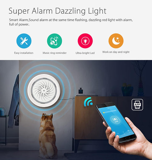 Smart Wi-Fi Siren Alarm - Wireless Strobe Siren with Sound and Light Alarm, 100dB Sounder, App Remote Control