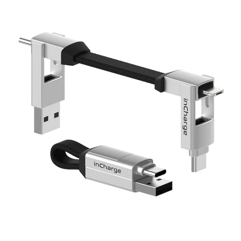 Rolling Square inCharge 6 - 6-in-1 Keychain USB C, Lightning & Micro-USB Charger, 15W Universal Cable, White.
