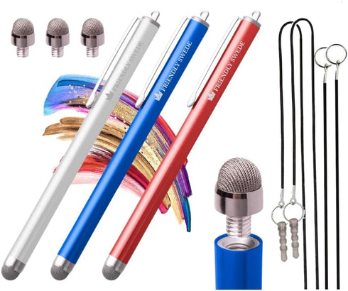The Friendly Swede Set of 3 Fiber Tip Stylus Pens for Touch Screens, Stylus Pen for iPad, Retail Packaging, Includes 6
