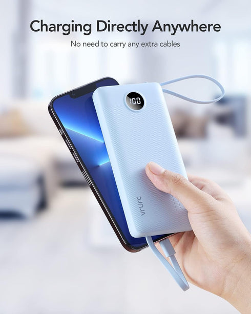 VRURC 10000mAh, 5 Portable Charger for iPhone, Built in Cables & Lanyard Power Bank Compact USB C Charging Bank Outputs