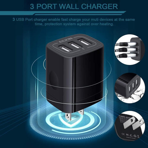 AILKIN 3 USB Wall Charger, Triple Fast Charging Block Home Charger Station for iPhone, Samsung Galaxy, LG, and More