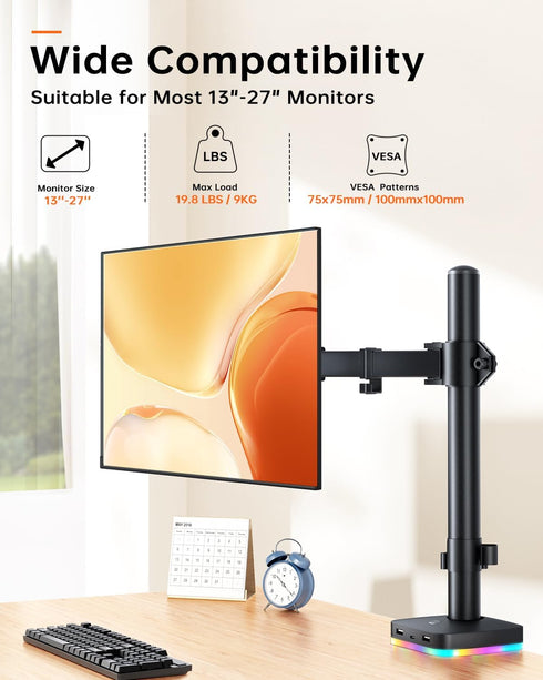 H&C(hcck&Cllassp) 3 13"-27" 17.6lbs, 75x75mm 100x100mm, RGB Single Monitor Stand, Monitor Arm with USB Ports, Charging