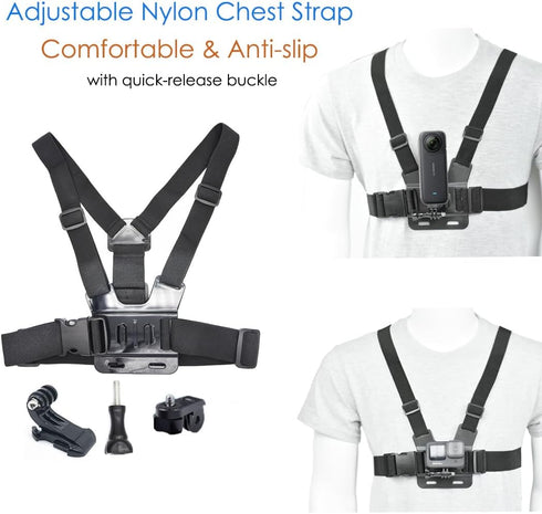 Action Camera Accessory Kit for Insta360 X4, X3, One RS, Ace Pro, Ace, GoPro Hero 12 - Chest Strap, Head Strap, Wrist