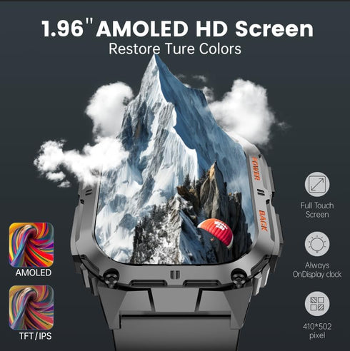 Military Smartwatch for Men, 1.96" AMOLED Screen, Bluetooth Calls, IP68 Waterproof, Black & Orange Bands