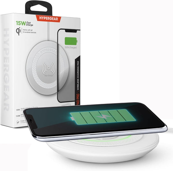 HyperGear ChargePad Pro Wireless Charging Pad - 15W Fast Charger with LED Power Indicator & Soft Grips, White,
