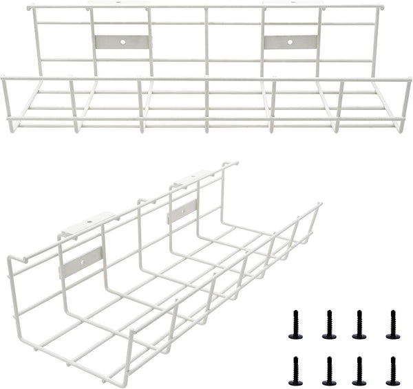 Under Desk Cable Tray - 2 Pack Cable Raceway for Wire Management, Metal Wire Organizer for Office, White