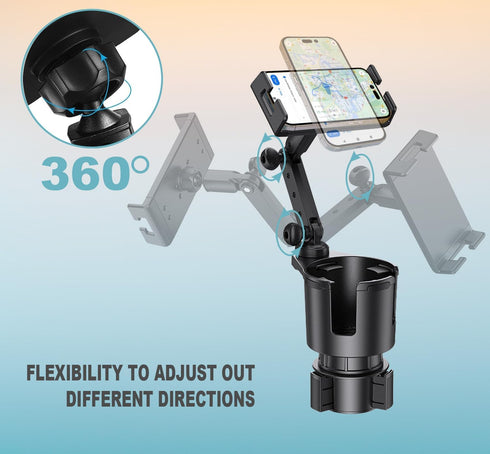 2 in 1 Large Cup Holder Phone Mount Extender, Cup Holder Phone Mount for Car with 360° Rotation, Compatible with