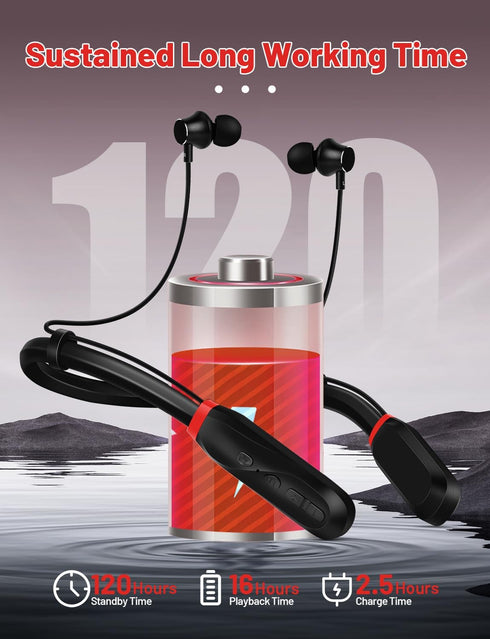 Neckband Bluetooth Headphones, 120H Long Playtime Wireless Stereo Earbuds, Waterproof for Sports/Workout/Office