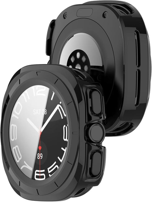 E ECSEM Waterproof Hard Case for Samsung Galaxy Watch 7 Ultra, Ultra-Thin Tough Cover with Tempered Glass - Black