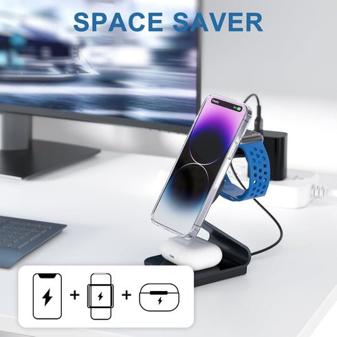 Aluminum Alloy 3 in 1 Wireless Charger Stand - Mag-Safe Compatible with iPhone 15/14/13/12, iWatch, AirPods (Cable