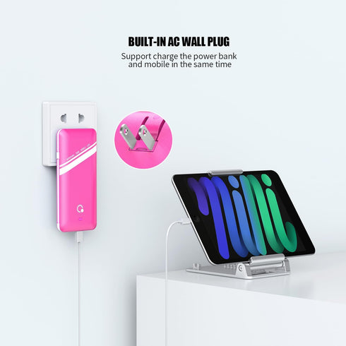 Q Slim 10000mAh Power Bank, Portable Charger with 4 Output External Battery Pack & Built-in AC Wall Plug (Pink)