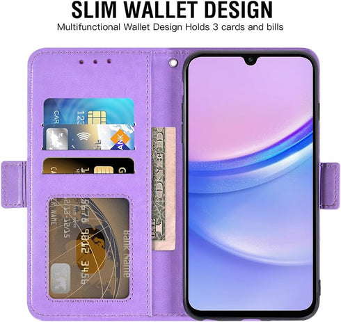Asuwish Phone Case for Samsung Galaxy A15 5G Wallet Cover with Tempered Glass Screen Protector and Leather Flip Credit Card Holder Stand Wrist Strap Folio Cell Accessories A 15 4G 15A Women Men Purple