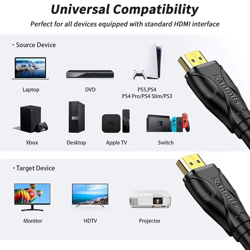 kanmis 8K 10ft, 2.1 8K@60Hz 4K@120hz, PS3 PS4 HDMI Cable High Speed Hdmi Cables Ultra High Speed Gold Plated Connectors