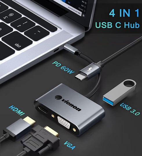 vienon 4 1 4K 1080P 3.0 5Gbps, 100W USB C to HDMI VGA Adapter for Dual Monitor, in USB C Hub with HDMI, VGA, USB PD