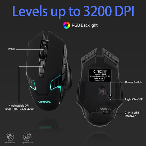 CHONCHOW 2.4G Wireless Keyboard and Mouse Combo - Rechargeable USB Rainbow LED Backlit Wireless Gaming