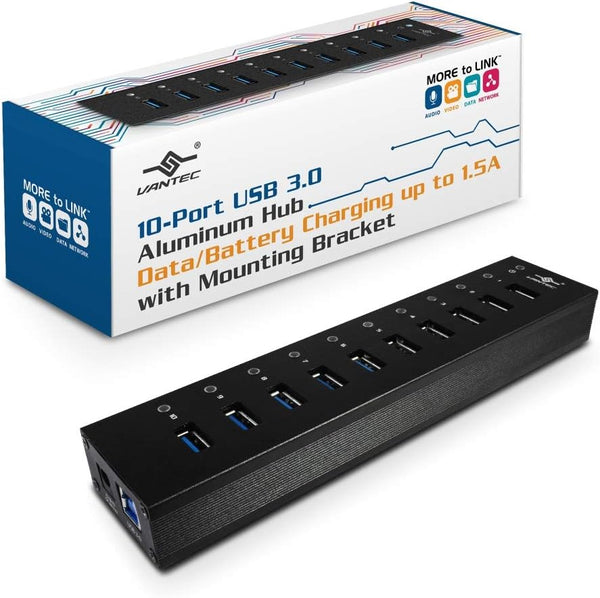 Vantec 10-Port USB 3.0 Hub, Aluminum, Full Powered, Mountable, with All Ports Data & Charging Up to 1.5A, BC 1.2,
