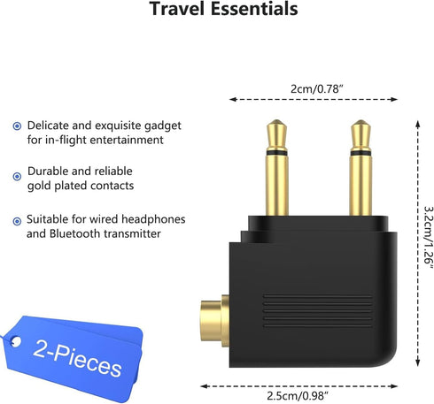 Dual Pin Airplane Headphone Adapter: Gold Plated 3.5mm Male Mono TS to 3.5mm Female Stereo TRS Jack.