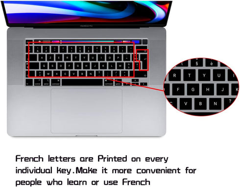 HRH French Language AZERTY Silicone Keyboard Cover Protector for MacBook Pro 13" 2020 and 16" 2019