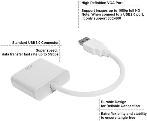 BONKZEBU 3.0 1080P USB to VGA Converter Cable HD Video Adapter External Video Card for PC Laptop Desktop Monitor