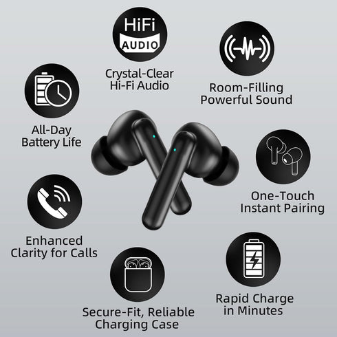 60 Wireless Earbuds, Earbuds with Big Bass Stereo, Lightweight Bluetooth Headphones, Hours Playtime (Black)