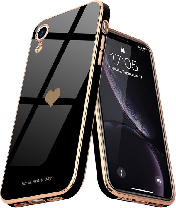 Teageo Compatible with iPhone Xr Case Black - Cute Love-Heart Luxury Bling Plating Soft Back Cover, Raised Full Camera