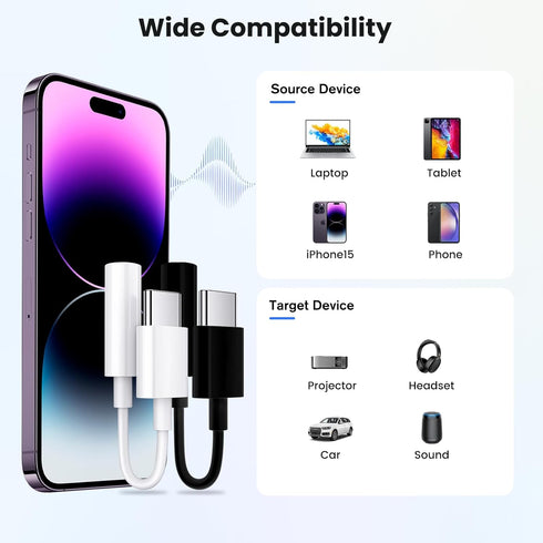 2pack Type C to 3.5mm Female Headphone Jack Adapter, USB C to Aux Audio Dongle Cable Earphone Jack Converter Compatible with iPhone 15,Samsung Galaxy,White,Black