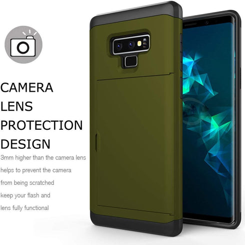 Galaxy Note 9 Case, Heavy Duty Shockproof Rubber Hybrid Rugged Hard Back Cover with ID Credit Card Slot Holder, Army