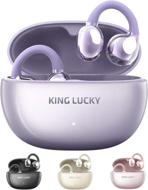 King Lucky Clip on Earbuds, Open Ear Wireless Bluetooth 5.4 Headphones with Mic, 50H Play, Waterproof, Sports (Purple)