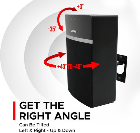 Sound Bass Wall Mount for Bose SoundTouch 10 Speaker, Black, 2.5mm Steel, Swivel +40 to -40, Tilt +3 Up, -35 Down