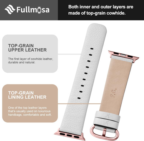 Fullmosa Leather Bands for Apple Watch, 41mm 40mm 38mm 42mm, Top Grain Genuine Leather Strap, Off-white/Rose Gold