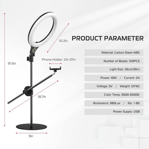 ULANZI Overhead Phone Mount with 10" Selfie Ring Light, Tabletop Light Stand with 360° Shooting Arm for Video Recording