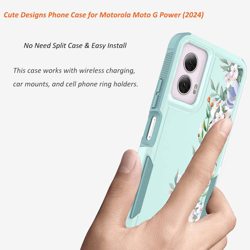 Cute Flowers Floral Design Case for Motorola Moto G Power 2024 5G, Slim Soft TPU Bumper Shockproof Cover, Mint Green