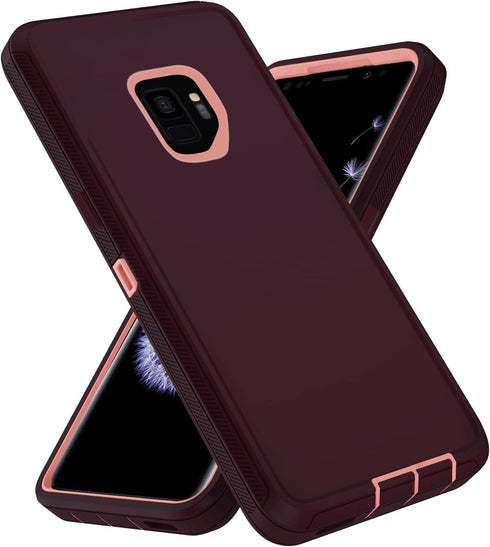Annymall Samsung Galaxy S9 Case with Screen Protector, Heavy Duty Shockproof Drop-proof Cover (Wine/Pink)