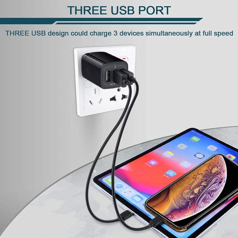 AILKIN 3 USB Wall Charger, Triple Fast Charging Block Home Charger Station for iPhone, Samsung Galaxy, LG, and More