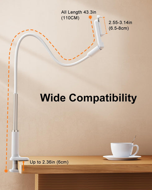 HIYJEN 16 15 14 13 4-7" Gooseneck Phone Holder for Bed Laying Down with Clamp, Flexible Arm Overhead Phone Mount