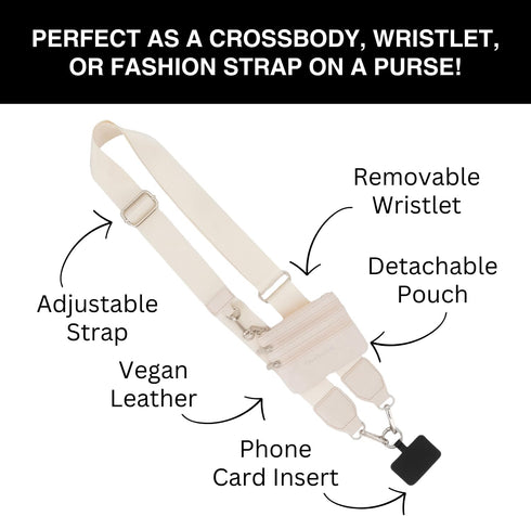 Clip & Go Phone Strap (Cream - Cream Pouch) – Crossbody Phone Chain with Zipper Wallet Pouch – Phone Lanyard for Around