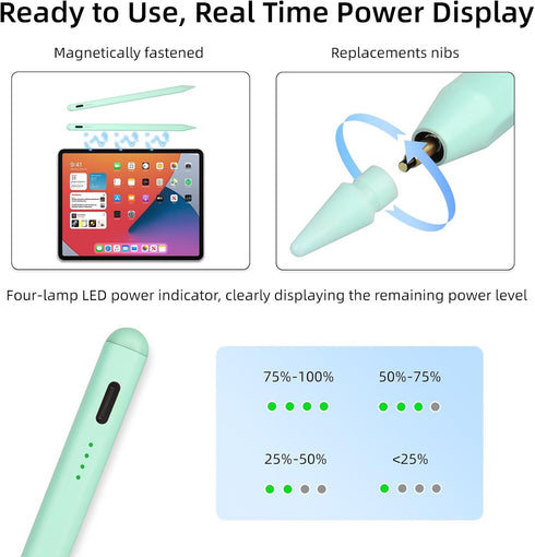 Stylus Pen for iPad with Tilt-Pressure Sensitivity, 20-Minute Fast Charging for 2018-2023 iPad/Mini/Pro/Air (Green)