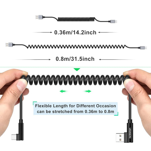 aceyoon USB to USB C Cable, 1-2.5ft, 90° Right Angle, Coiled, QC 3.0 Fast Charging, 3A 60W, Short Android Auto Cable.