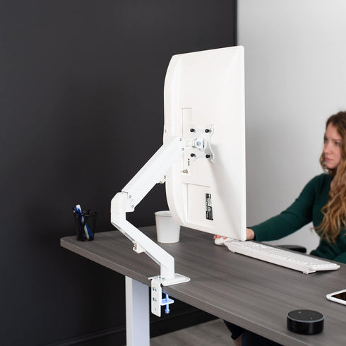 VIVO Articulating Single Monitor Stand, 17 to 27 inch Pneumatic Spring Arm Clamp-on Desk Mount, Max VESA 100x100, White