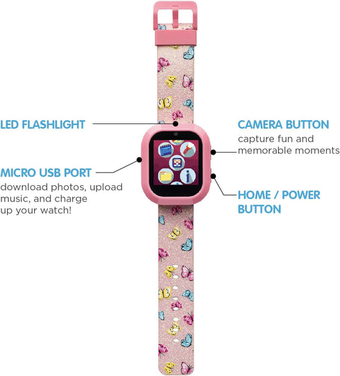 PlayZoom Kids Smartwatch with Bluetooth Speaker Set - Fun and Educational Smart Watch for Boys and Girls, Perfect Travel Toy and Learning Device, Girls Pink Butterfly
