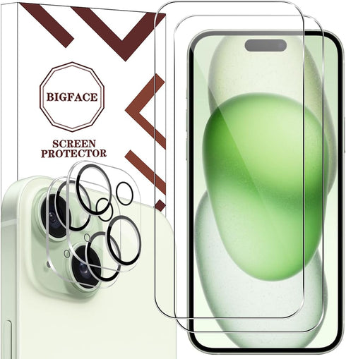 BIGFACE Compatible with iPhone 15 Plus, 2 + 2 Pack Screen Protector + Camera Lens Protectors, Premium HD Clear Glass