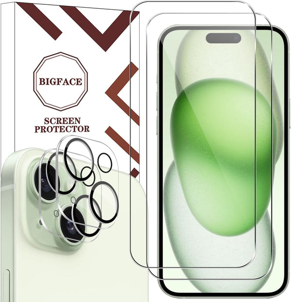 BIGFACE Compatible with iPhone 15 Plus, 2 + 2 Pack Screen Protector + Camera Lens Protectors, Premium HD Clear Glass