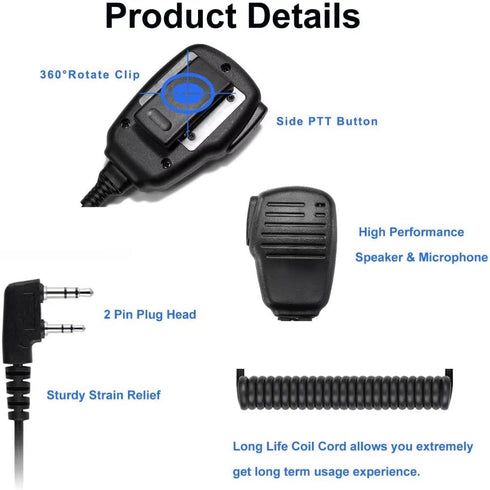 SAMCOM Walkie Talkie Speaker Mic, 2 Pin K Type Handheld Microphone with Reinforced Cable, 1 Pack