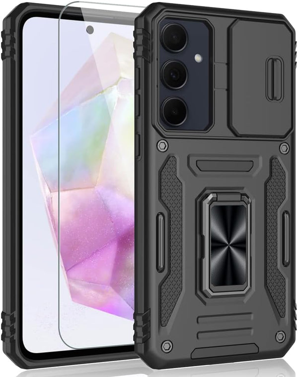 Samsung Galaxy A35 5G Case, Shockproof with Sliding Camera Cover & Ring Holder Kickstand, Black
