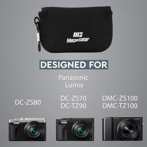 MegaGear Neoprene Camera Case Bag with Carabiner for Panasonic Lumix DC-ZS80, DC-ZS70, DMC-ZS100, DC-TZ95, DC-TZ90,