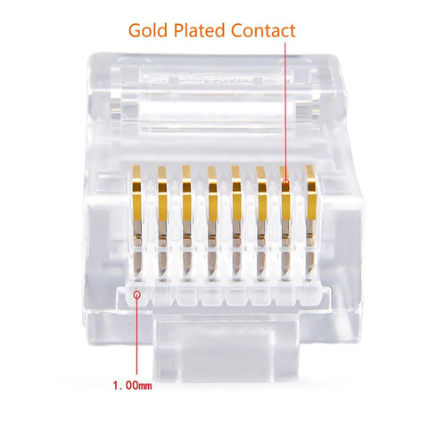 Cat5e RJ45 Connectors,100-PACK Cat5 Ends/Cat 5 Connector/Cat 5e RJ45 Modular Plugs(3-Prong Gold Plated 15 ),UTP Network Plug for Solid Strand Cable